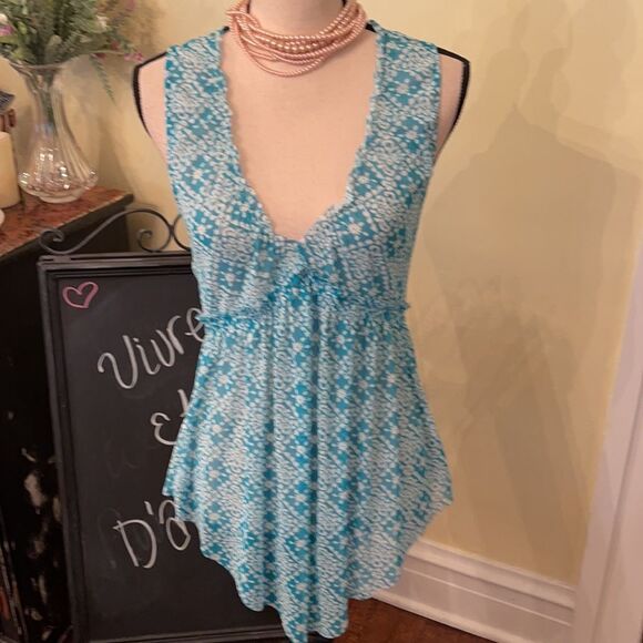 Zara Sz M Sheer Mesh Tiffany Blue Fleur Print Top - Picture 4 of 9